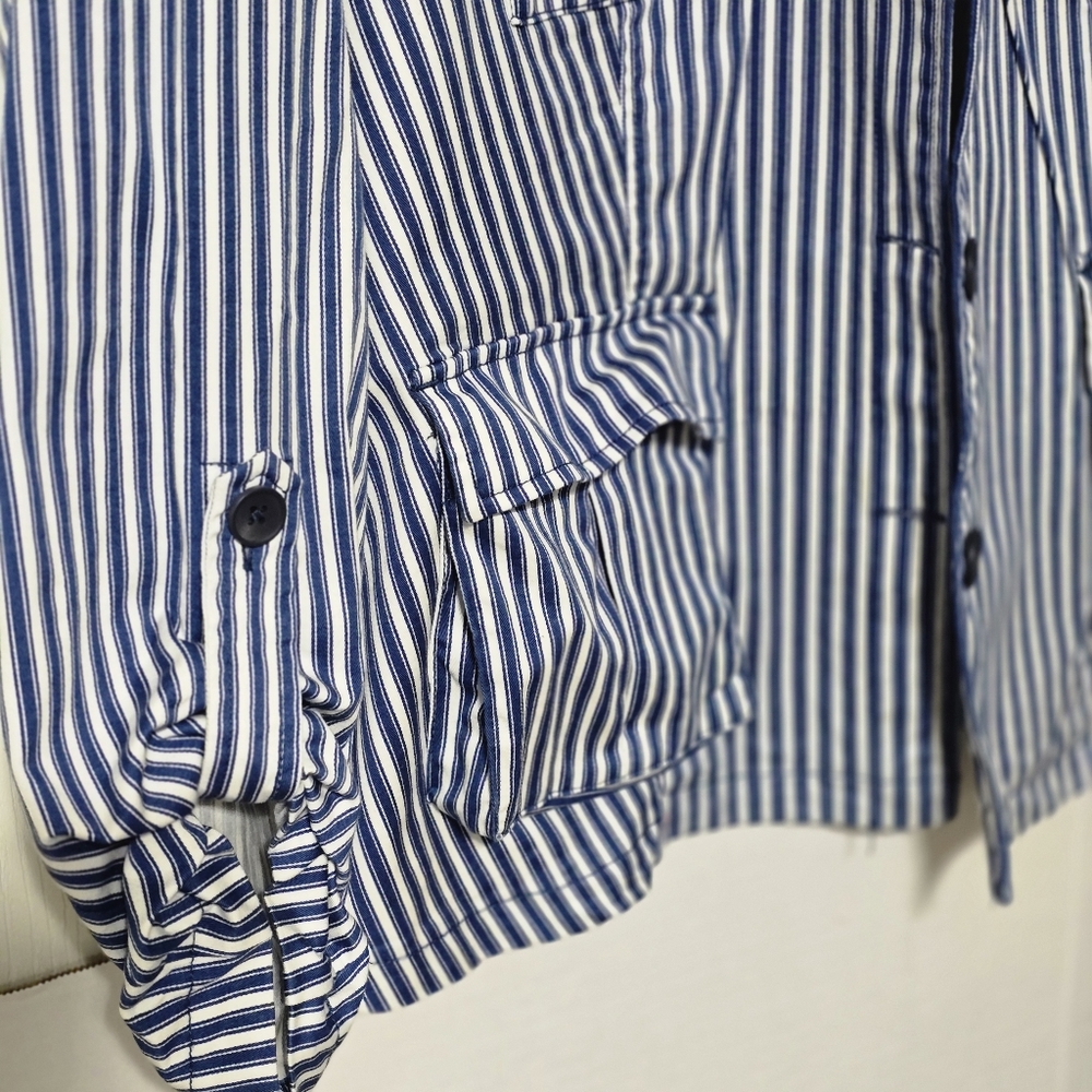 Tribal XL Striped Blue & White Button-Up Jacket, Cuffed Sleeve, Two Front Pocket - Picture 8 of 11
